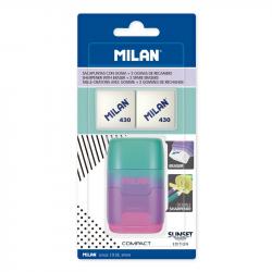 Milan Compact Sunset Afilaborra Compact con 2 Gomas de Borrar - Sacapuntas Doble - Cuchilla de Seguridad - Color Turquesa/Violet