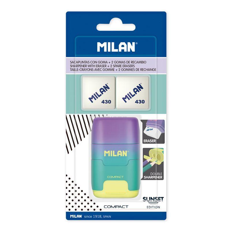 Milan Compact Sunset Afilaborra Compact con 2 Gomas de Borrar - Sacapuntas Doble - Cuchilla de Seguridad - Color Turquesa/Violet