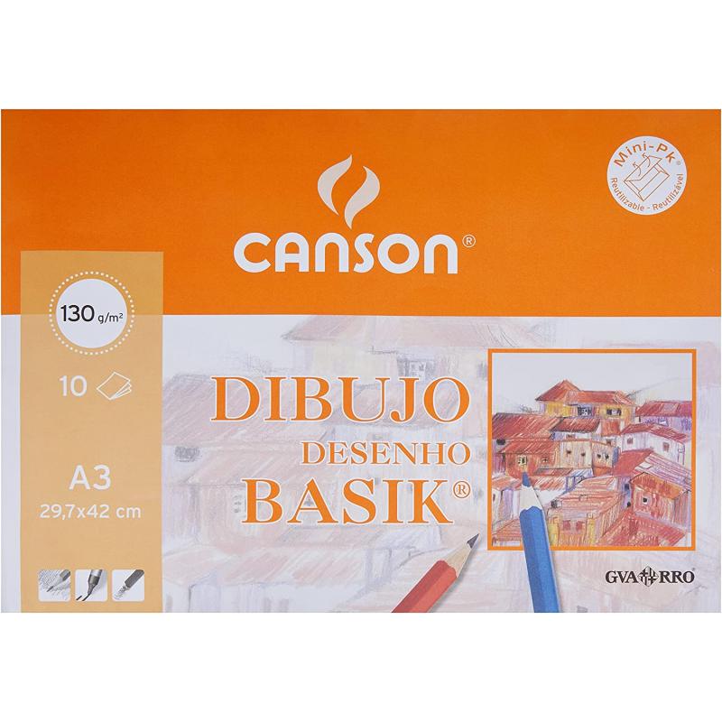 Canson Minipack de 10 Hojas de Dibujo Basik Liso A3 - 29,7x42cm - 130g - Color Blanco