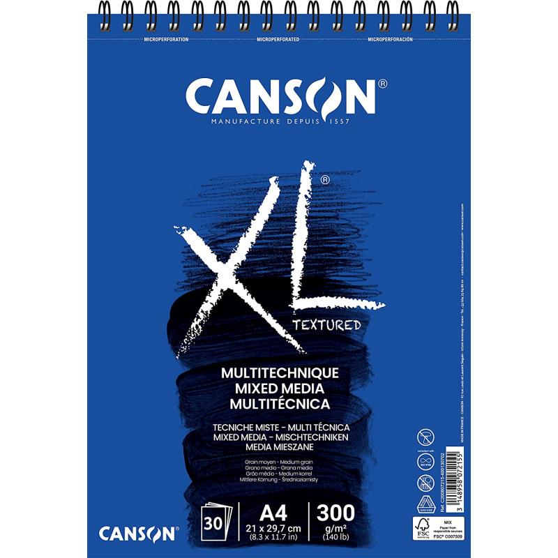 Canson Xl Mix Media Bloc de Dibujo Acuarela de 30 Hojas A4 - Grano Medio - Microperforado Espiral - 21x29.7cm - 300g - Color Bla