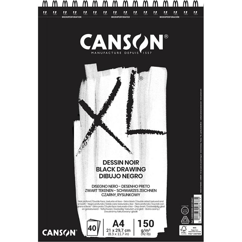 Canson XL Black Bloc de 40 Hojas A4 150g - Grano Fino - Espiral Microperforado - Color Negro