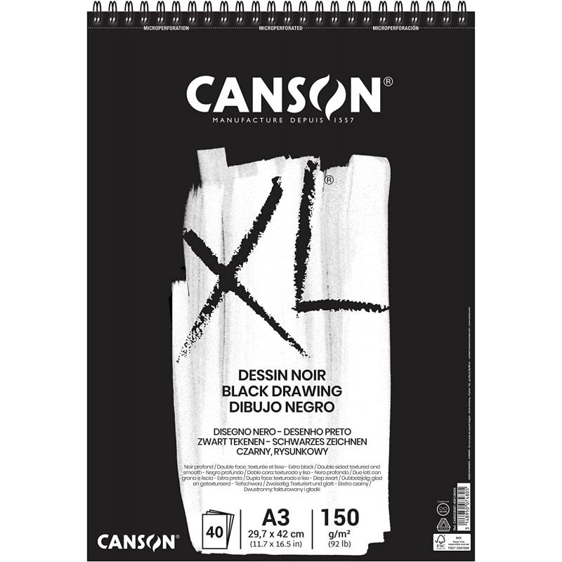Canson XL Black Bloc de 40 Hojas Negras 150g A3 - Grano Fino - Espiral Microperforado