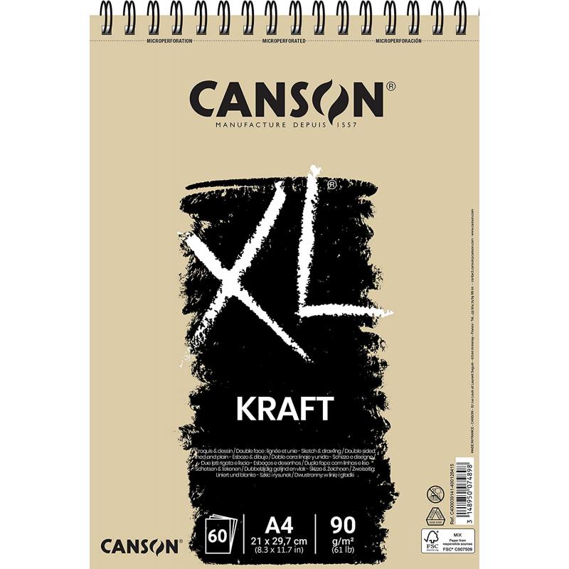 Canson XL Kraft Rayado Bloc de Dibujo con 60 Hojas A4 - Espiral Microperforado - 21x29.7cm - 90g - Color Beige