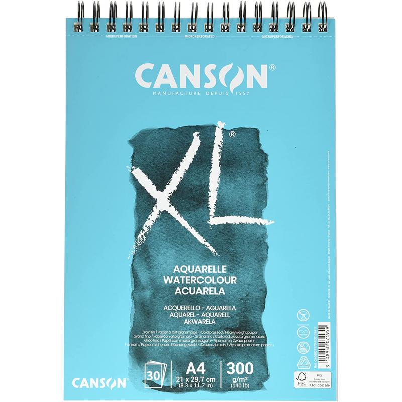 Canson XL Aquarelle Album Espiral Microperforado de 30 Hojas A4 - Grano Fino - 21x29.7cm - 300g - Color Blanco