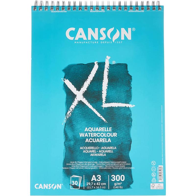 Canson XL Aquarelle Album Espiral Microperforado de 30 Hojas A3 - Grano Fino - 29.7x42cm - 300g - Color Blanco