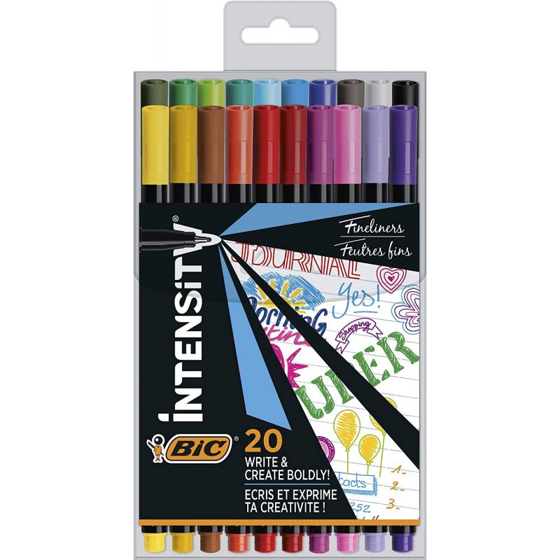 Bic Intensity Fine Pack de 20 Rotuladores - Punta Fina de 0.8mm - Trazo de 0.4mm - Tinta con Base de Agua - Colores Surtidos