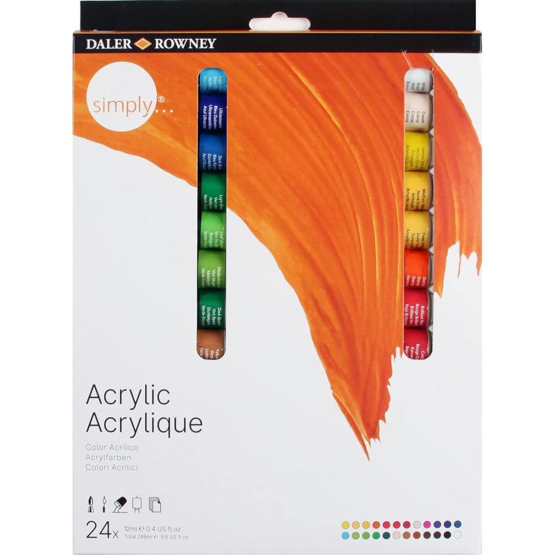 Daler Rowney Simply Pack de 24 Pinturas Acrilicas 12ml - Secado Rapido - Optima Cobertura - Mezclables - Colores Surtidos