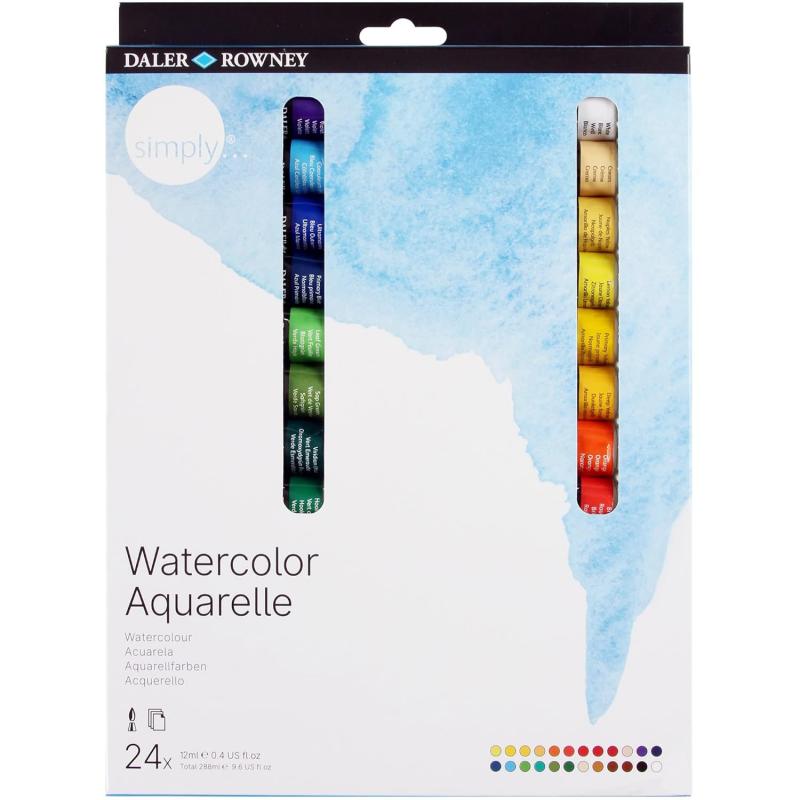 Daler Rowney Simply Pack de 24 Acuarelas 12ml - Se Humedecen Facilmente - Colores Surtidos