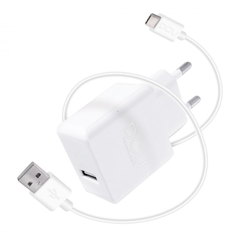 DCU Tecnologic Cargador USB 5V 2.4A + Cable USB Tipo C - 1m - Carga Rapida y Segura para tus Dispositivos - Color Blanco