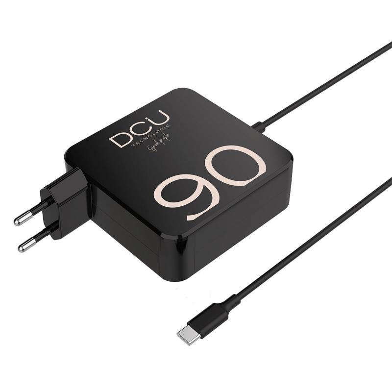 DCU Tecnologic Cargador USB-C 90W - Carga Rapida y Eficiente - Entrada Universal y Cable Largo - Color Negro