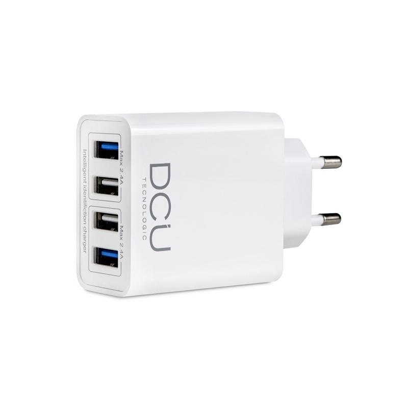 DCU Tecnologic Cargador Inteligente 4 Puertos USB - Carga Rapida para hasta 4 Dispositivos Simultaneamente - Color Blanco