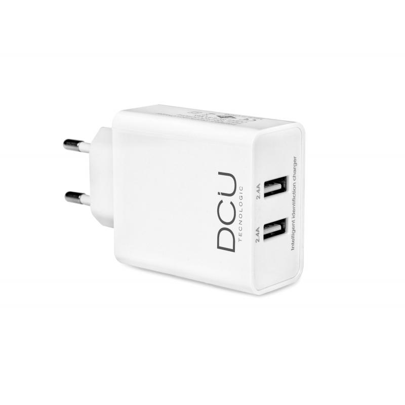 DCU Tecnologic Cargador 2xUSB Compacto - Carga Dos Dispositivos Simultaneamente - Puertos USB de 5V Cada Uno 2.4 a + 2.4 A - Col