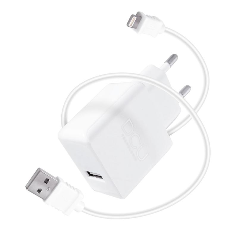 DCU Tecnologic Cargador USB 5V 2.4A + Cable Lightning MFI - 1m - Carga Rapida y Segura - Conector C89 - Color Blanco