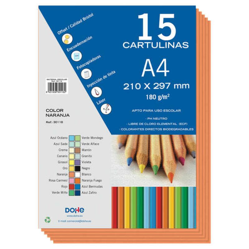 Dohe Paquete de 15 Hojas de Cartulinas A4 - 210x297mm - Gramaje de 180 G/M² - Colores Surtidos