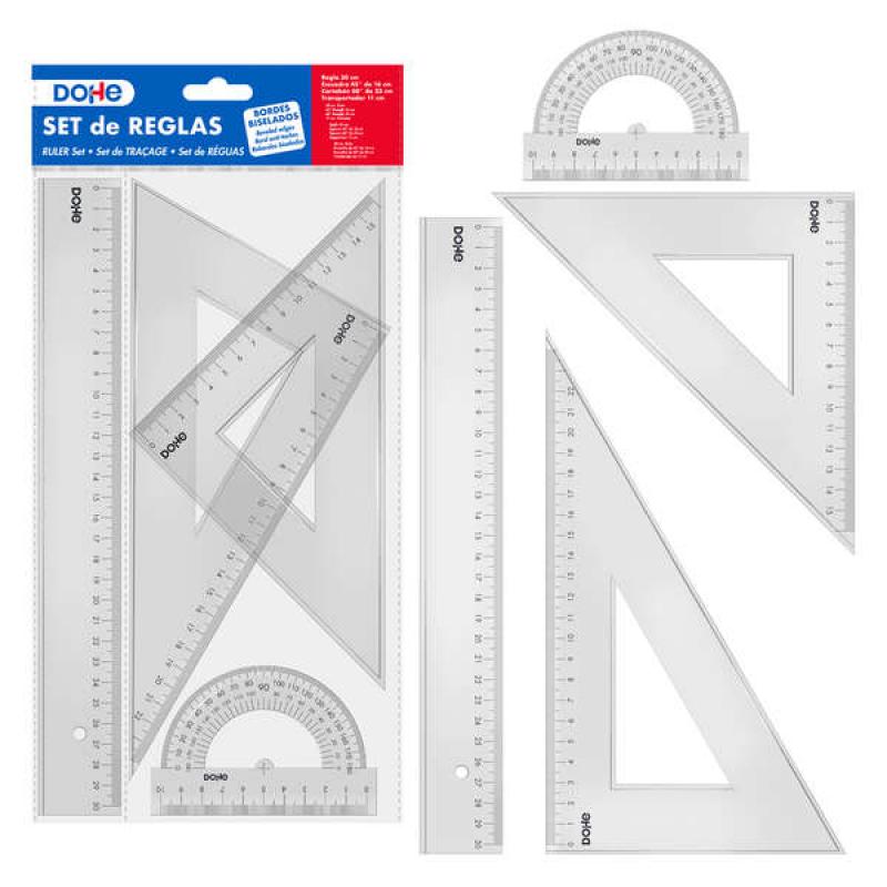 Dohe Set de Reglas - Regla, Escuadra, Cartabon y Transportador - Plastico Inyectado Transparente Cristal - Cantos Biselados y co