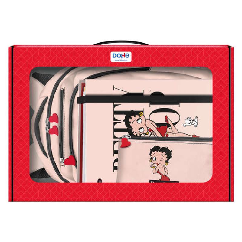 Dohe Pack Mochila, Carpeta y Portatodo Betty Boop - Maletin Regalo 365x515x105mm - Carpeta A4 Recambio - Mochila 3 Compartimento