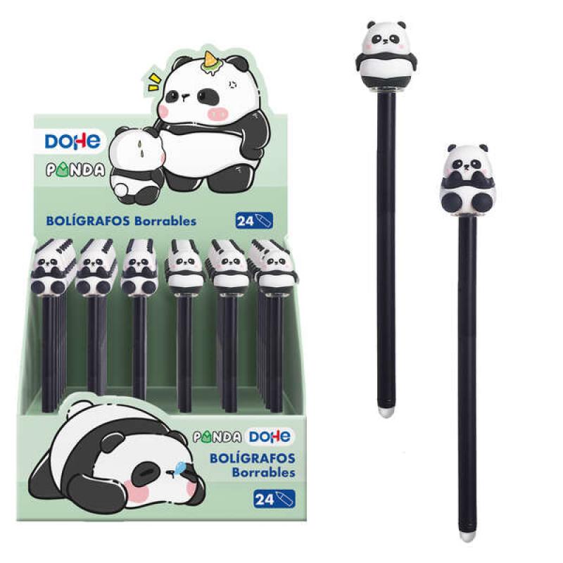 Dohe Expositor de 24 Boligrafos Tinta Borrable - Cuerpo Plastico Color - Tapa Decorada Motivos Panda - Punta Bola Metalica 1mm -