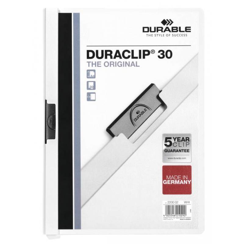 Durable Duraclip 30 Carpeta de Plastico con Clip de Acero - Tamaño A4 - Capacidad hasta 30 Hojas - Parte Posterior Rigida Color 