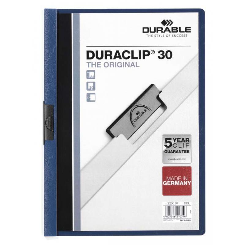 Durable Duraclip 30 Carpeta de Plastico con Clip de Acero - Tamaño A4 - Capacidad hasta 30 Hojas - Parte Posterior Rigida Color 