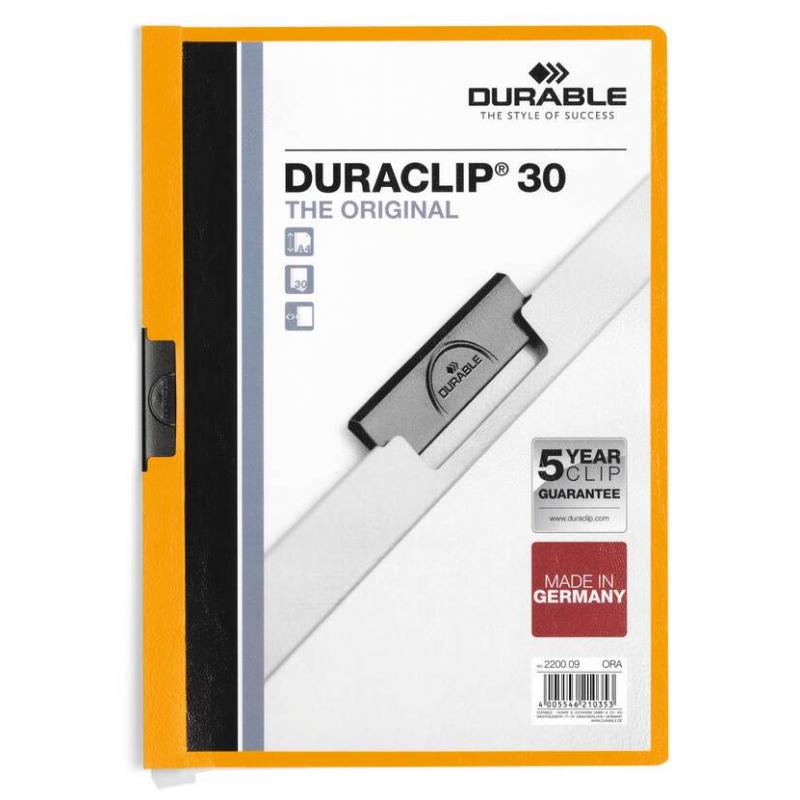 Durable Duraclip 30 Carpeta de Plastico con Clip de Acero - Tamaño A4 - Capacidad hasta 30 Hojas - Parte Posterior Rigida Color 