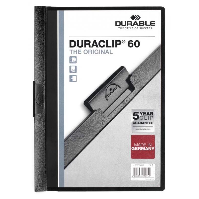 Durable Duraclip 60 Carpeta de Plastico con Clip de Acero - Tamaño A4 - Capacidad hasta 60 Hojas - Parte Posterior Rigida Color 