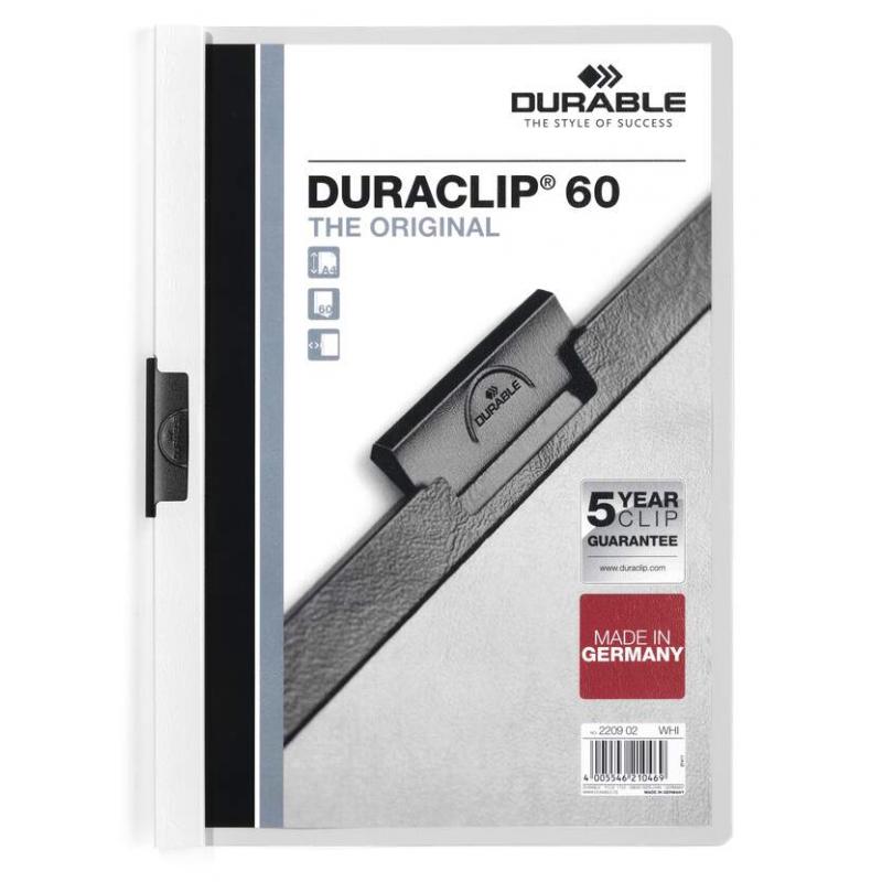 Durable Duraclip 60 Carpeta de Plastico con Clip de Acero - Tamaño A4 - Capacidad hasta 60 Hojas - Parte Posterior Rigida Color 