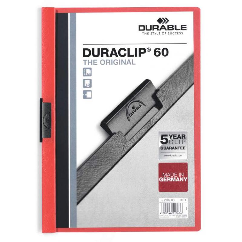 Durable Duraclip 60 Carpeta de Plastico con Clip de Acero - Tamaño A4 - Capacidad hasta 60 Hojas - Parte Posterior Rigida Color 