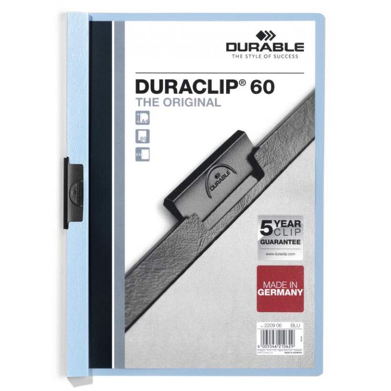 Durable Duraclip 60 Carpeta de Plastico con Clip de Acero - Tamaño A4 - Capacidad hasta 60 Hojas - Parte Posterior Rigida Color 