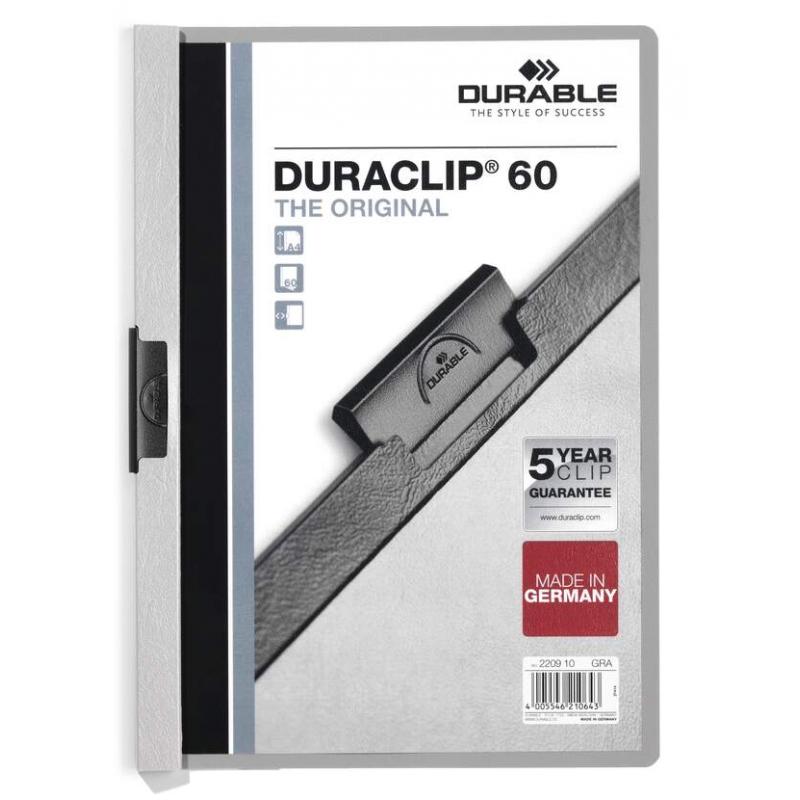 Durable Duraclip 60 Carpeta de Plastico con Clip de Acero - Tamaño A4 - Capacidad hasta 60 Hojas - Parte Posterior Rigida Color 