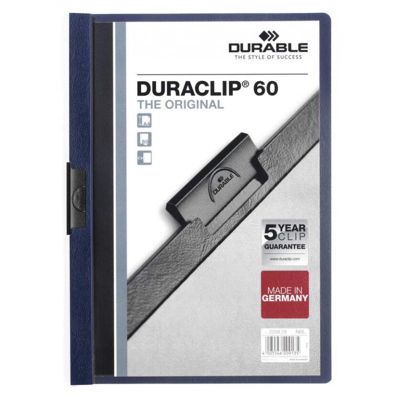 Durable Duraclip 60 Carpeta de Plastico con Clip de Acero - Tamaño A4 - Capacidad hasta 60 Hojas - Parte Posterior Rigida Color 