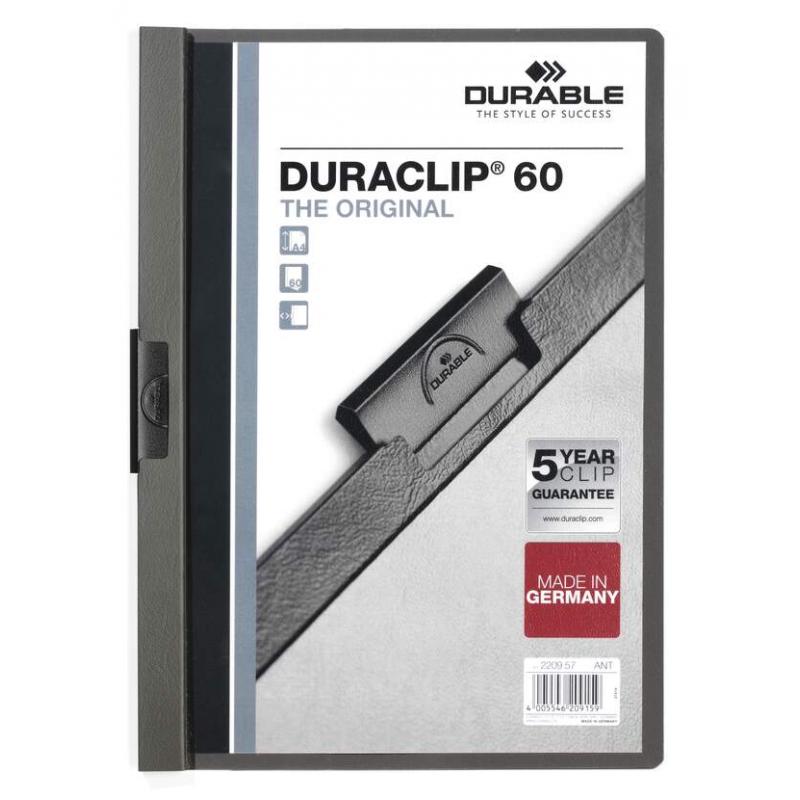 Durable Duraclip 60 Carpeta de Plastico con Clip de Acero - Tamaño A4 - Capacidad hasta 60 Hojas - Parte Posterior Rigida Color 