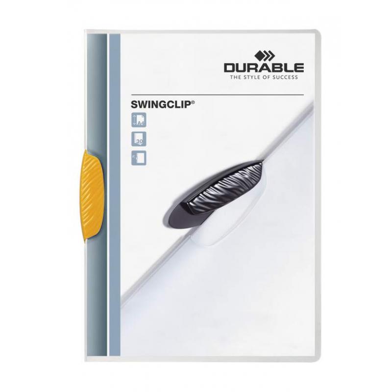 Durable Swingclip 30 Carpeta de Plastico con Pinza Giratoria - Tamaño A4 - Capacidad hasta 30 Hojas - Pinza de Color Amarillo