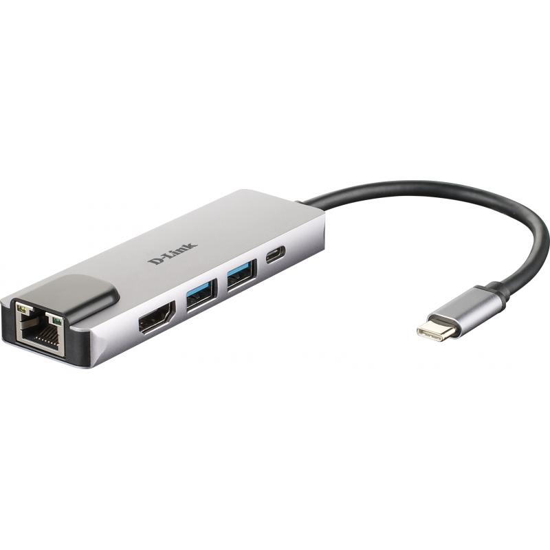 D-Link Hub USB?C 5 en 1 2 Puertos USB 3.0 + 1 HDMI + 1 RJ45 - Plug & Play