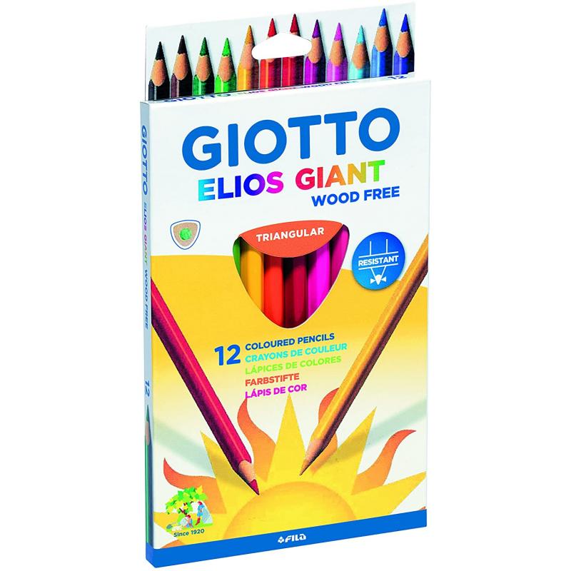 Giotto Elios Giant Wood Free Pack de 12 Lapices Triangulares de Colores - Sin Madera - Mina 5 mm - Colores Surtidos