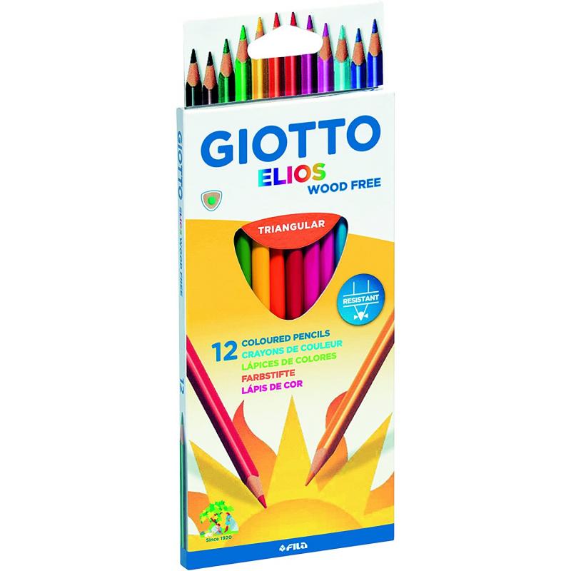 Giotto Elios Wood Free Pack de 12 Lapices Triangulares de Colores - Sin Madera - Mina 3.3 mm - Colores Surtidos