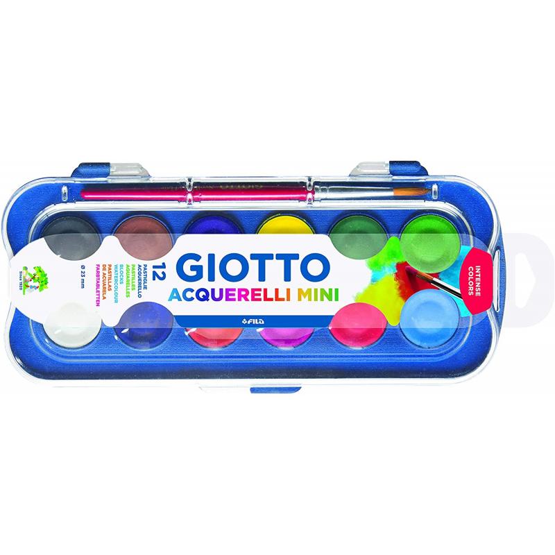 Giotto Pack de 12 Acuarelas Mini 23mm. - Colores Luminosos - Evita la Dispersion del Agua