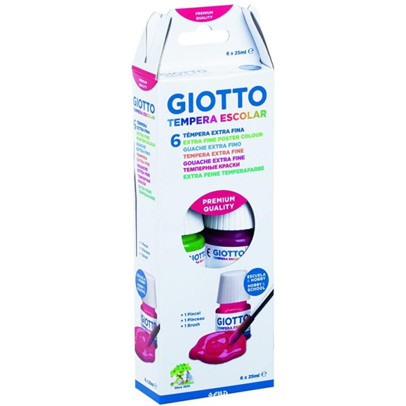 Giotto Tempera Pack de 6 Botes de 25 ml. + Pincel - Base Agua - Excelente Cobertura - Colores Surtidos