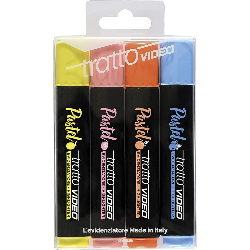 Tratto Video Pastel Pack de 4 Marcadores Fluorescentes - Punta Biselada - Tinta al Agua - Secado Rapido - Colores Surtidos
