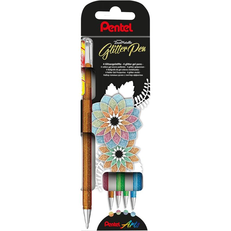 Pentel Hybrid Dual Metallic Pack de 4 Boligrafos de Bola con Tinta Gel Brillante - Punta 1mm - Trazo 0.5mm - Colores Brillantes 