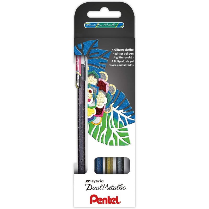 Pentel Hybrid Dual Metallic Pack de 4 Boligrafos de Bola con Tinta Gel Brillante - Punta 1mm - Trazo 0.5mm - Colores Brillantes 