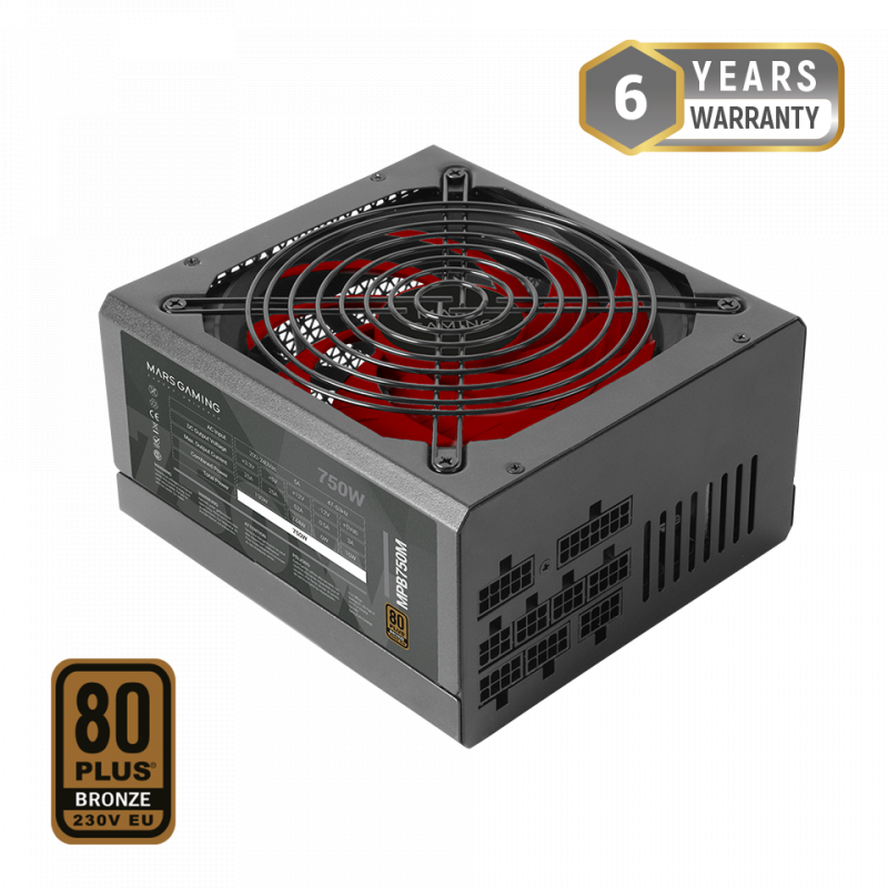 Mars Gaming MPB750M Fuente de Alimentacion 750W ATX - Eficiencia Profesional - Silencio Absoluto - Potencia Asegurada - Diseño d