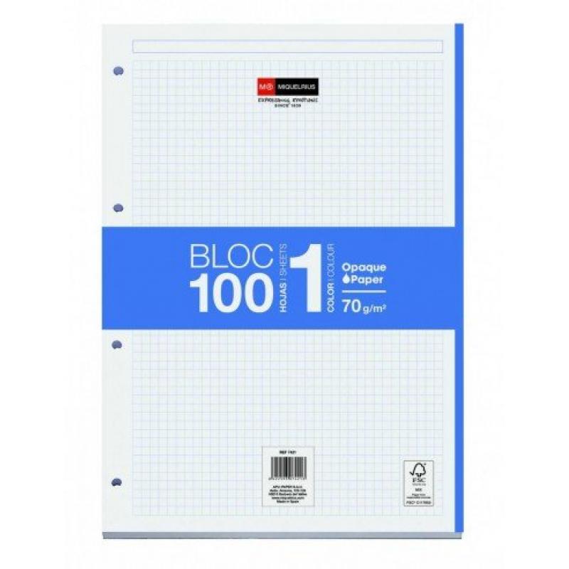Miquel Rius Bloc1 Bloc Encolado Formato A4 - 100 Hojas de 70gr con 4 Taladros - Banda de las Hojas Azul - Base de Carton - Cuadr