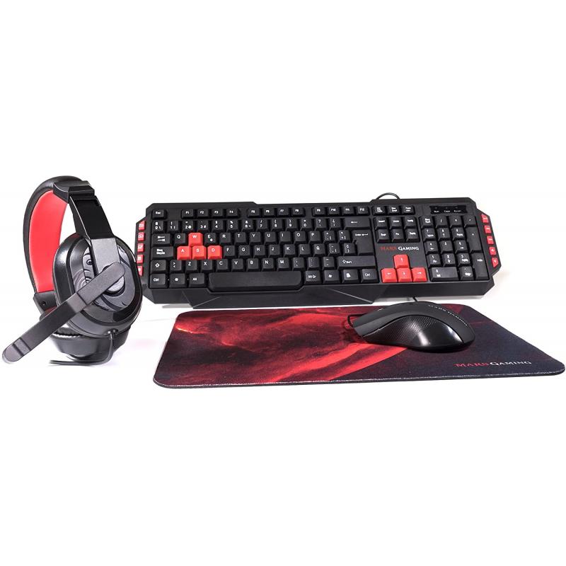 Mars Gaming Pack 4 en 1 USB Teclado Teclas Multimedia, Antighosting + Raton 2800dpi + Auriculares con Microfono + Alfombrilla