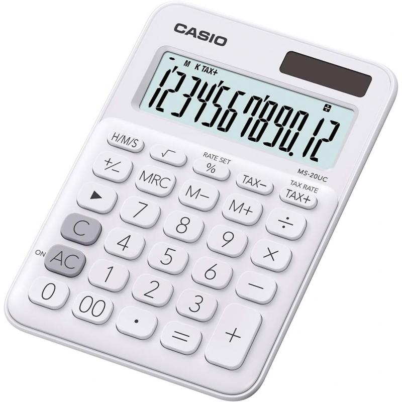 Casio MS-20UC Calculadora de Sobremesa Pequeña - Pantalla LCD de 12 Digitos - Alimentacion Solar y Pilas - Color Blanco