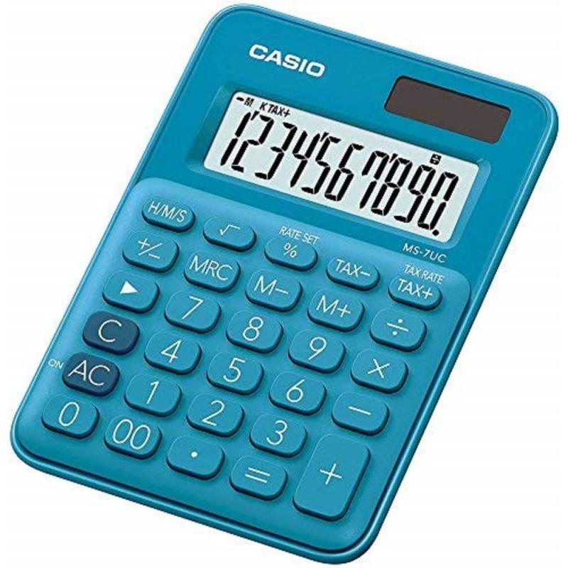 Casio MS-7UC Calculadora de Escritorio - Tecla Doble Cero - Pantalla LCD de 10 Digitos - Solar y Pilas - Color Azul