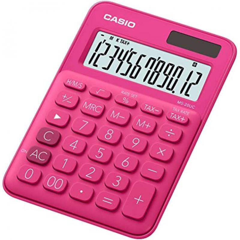 Casio MS-7UC Calculadora de Escritorio - Tecla Doble Cero - Pantalla LCD de 10 Digitos - Solar y Pilas - Color Rojo