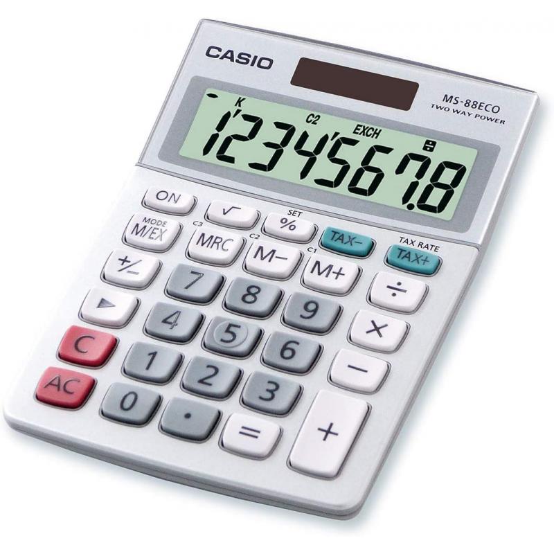 Casio MS88ECO Calculadora de Escritorio Financiera - Conversion de Moneda - Calculo de Impuestos - Pantalla LCD de 8 Digitos - S