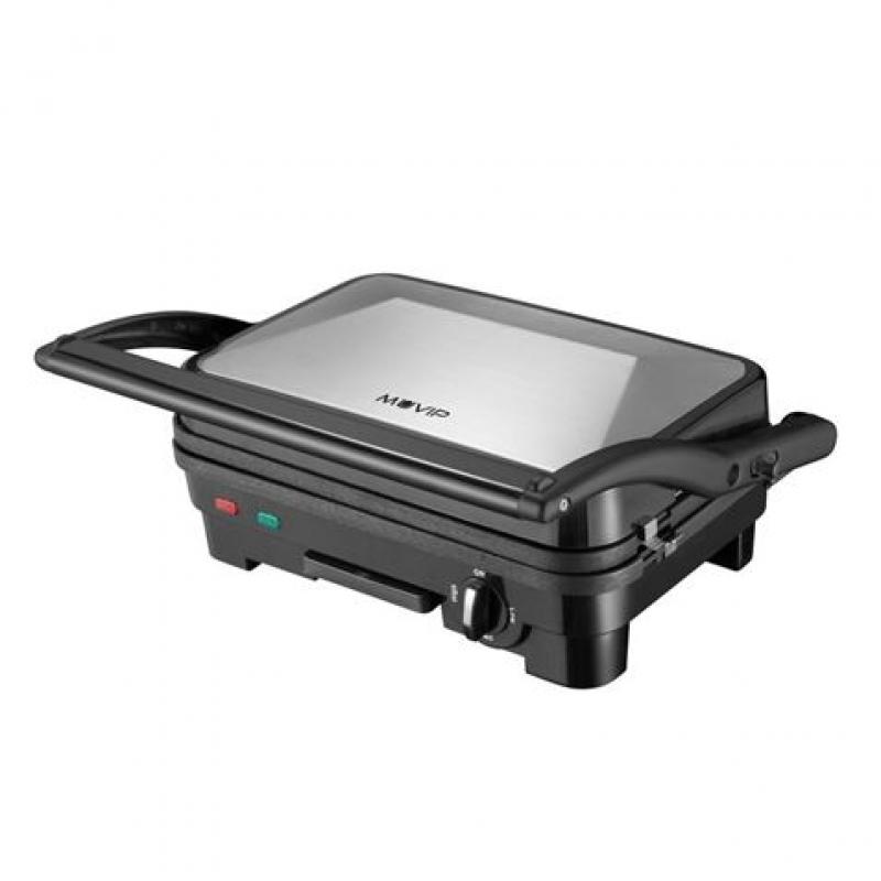 Muvip Sandwichera Inox 1800W - Placas Antiadherentes Reversibles Grill, Lisa - Selector de Temperatura - Placa Superior Basculan