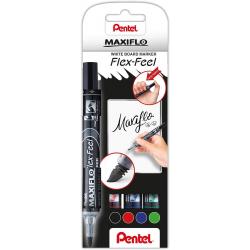 Pentel Maxiflo Flex-Feel Pack de 4 Rotuladores para Pizarra Blanca - Punta Flexible 4.6mm - Dosificacion de Tinta mediante Embol