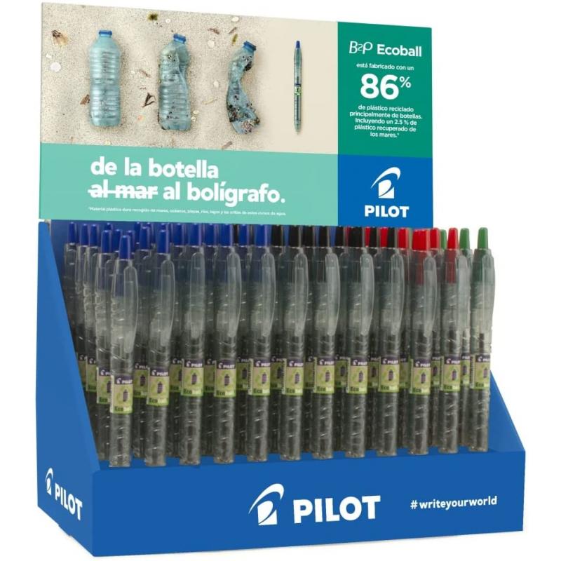 Pilot Expositor 60 Boligrafos de Bola Retractiles B2P Ecoball BeGreen + 10 B2P Gel BeGreen - 86,64% de Plastico Reciclado - Reca